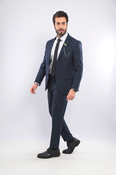 BS BLACK SMOKİN Men's Navy Blue Slim Fit Mono Collar Straight Suit (with Gift)