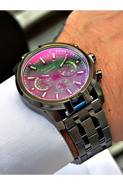Ferrucci Anthracite Color Functional Steel Cord Men's Wrist Watch with Bracelet Gift