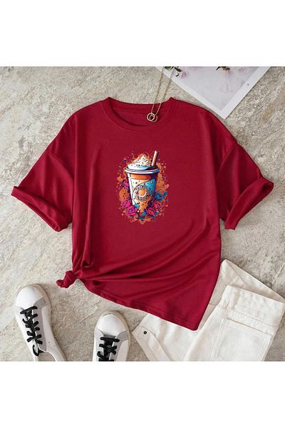 khufu COFFEE Printed Red Relaxed Cut Oversize T-shirt Unisex