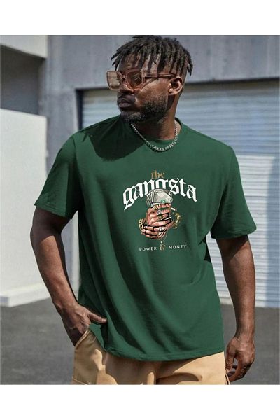 khufu Tricou oversize cu imprimeu GANGSTA, VERDE, cu croiala relaxata