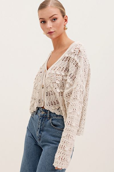 Bigdart 15851 Openwork/Perforated Oversize Cardigan - Stone