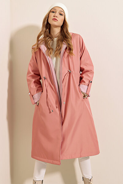 Bigdart 9091 Gathered Waist Hooded Trench Coat - Pink
