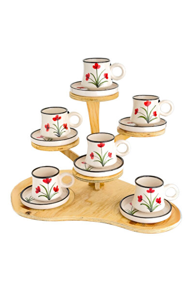 6-Piece Set Red Flower Pattern Handmade Boiler Ceramic Coffee Cup, Coffee Cup