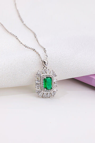 Miavi Silver 925 Ayar Gümüş Yeşil Baget Pırlanta Modeli Kolye