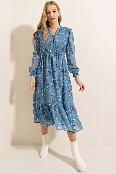 Bigdart 2137 Patterned Chiffon Dress - Blue