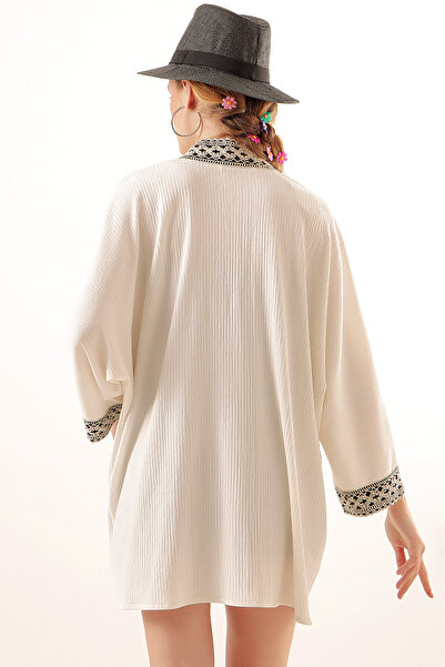 Bigdart 5866 Nakışlı Örme Kimono - Beyaz