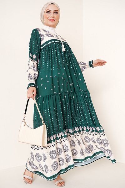 Bigdart Φόρεμα Hijab 2175 με σχέδιο - Σμαραγδένιο Πράσινο