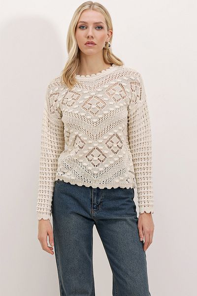 Bigdart 15860 Openwork/Hole Oversize Sweater - Stone