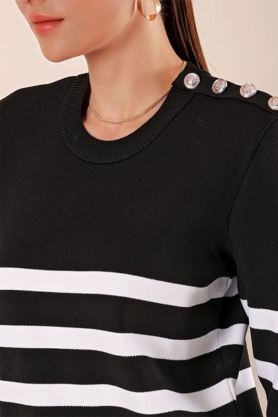 Bigdart 15820 Button Detailed Striped Sweater - Black