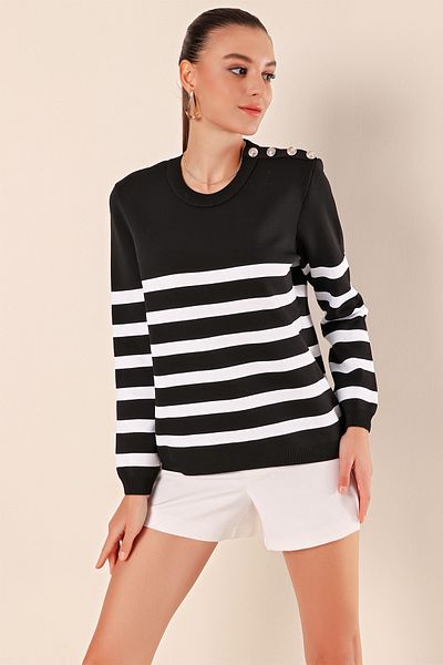 Bigdart 15820 Button Detailed Striped Sweater - Black