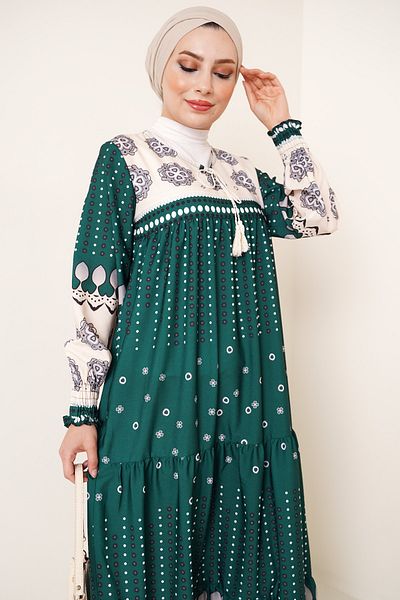 Bigdart Φόρεμα Hijab 2175 με σχέδιο - Σμαραγδένιο Πράσινο