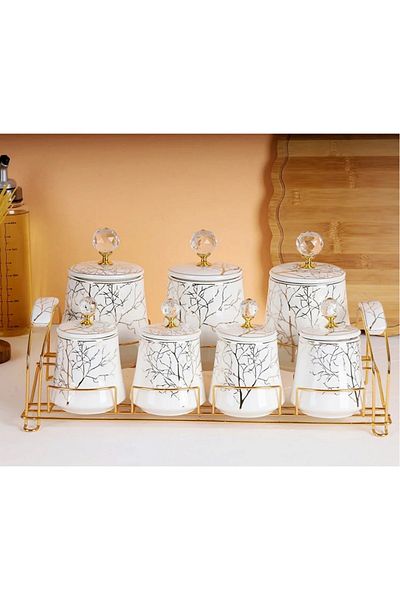 behila Arow Carina Tree Patterned 7-Piece Porcelain Spice Set with Stand