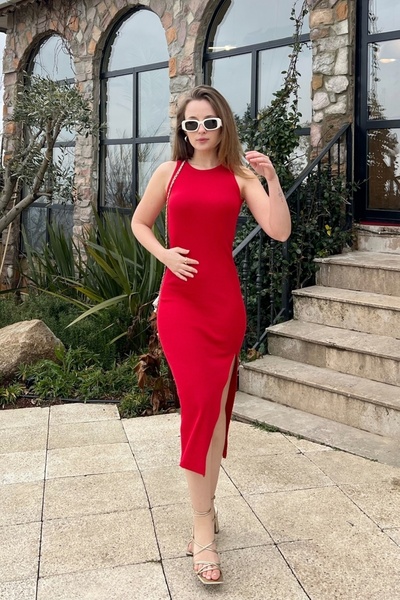 Bianco Lucci Damen Camisole-Kleid mit Rundhalsausschnitt und Schlitz60201018