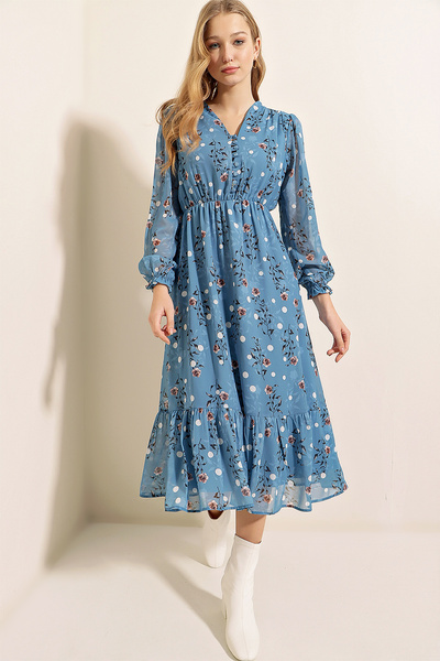 Bigdart 2137 Patterned Chiffon Dress - Blue