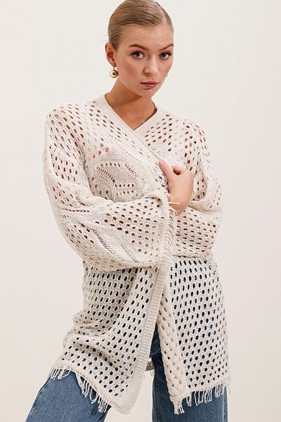 Bigdart 15857 Oversize Cardigan with Openwork/Hole - Stone