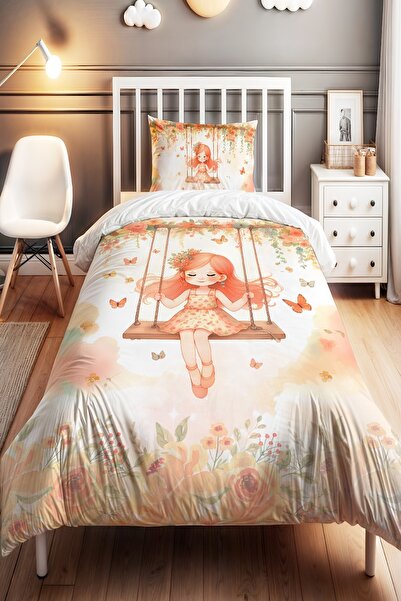 EVPANYA Salıncaktaki Sevimki Kız Desenli Tek Kişilik Bebek Çocuk Nevresim Seti