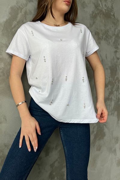 Ortaya Çık Λεπτομερές μπλουζάκι White Crew Neck Stone