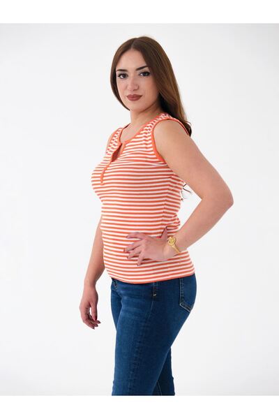 Blues Outlet WOMEN'S SILVERY THREE BUTTON BRAND BLUZ-ORANGE STRIPES