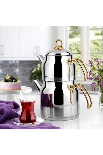 Lines Ayperi Gold Metal Handle Self-Straining Steel Teapot Small Size
