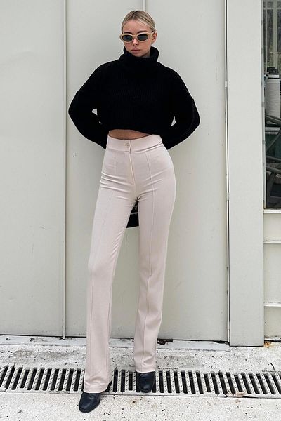 Swist Beige High Waist Nude Lycra Bequeme Strickhose für Damen