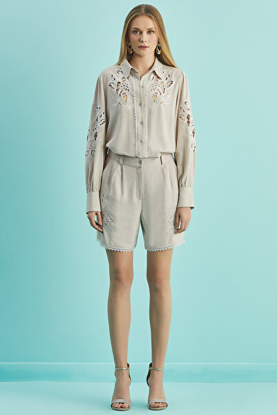 Guitar Geniş Paça Bej Keten Şort