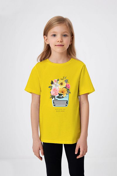 ADABEBEK Girl's Flower Printed T-Shirt with Typewriter Detail