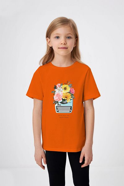 ADABEBEK Girl's Flower Printed T-Shirt with Typewriter Detail