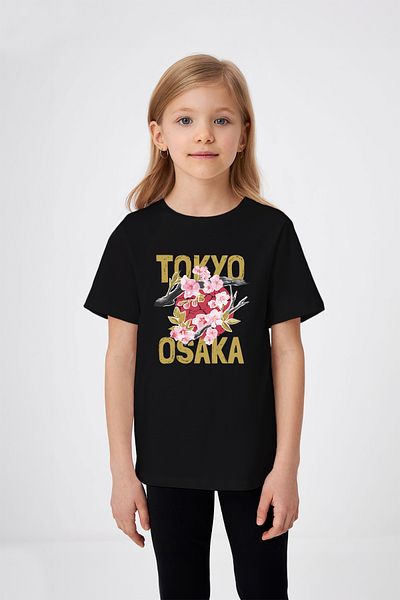 ADABEBEK Tricou pentru fetiță cu model de flori scrise Tokyo Osaka