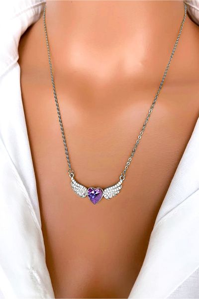 The Collection Non-Tarnish Purple Heart Zircon Stone Wing Silver Steel Necklace
