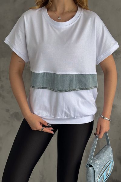 FEMELLE Women's Standard Size White Crew Neck Double Pocket Jeans Detailed Design Cotton T-Shirt