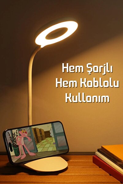 Ozsport Şarjlı Masa Lambası Dokunmatik 3 Renk 24led Telefon Standlı Kademeli ...