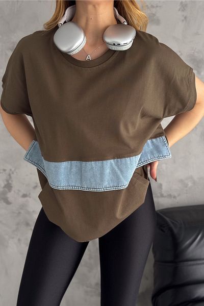 FEMELLE Tricou din bumbac cu design detaliat, blugi cu buzunar dublu, kaki, mărime standard