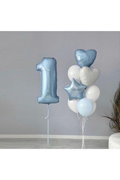 MERİ PARTİ 1 YAŞ RAKAM FOLYO BALON SET MAVİ RENK 1 YAŞ SET KALP YILDIZ LATEKS...