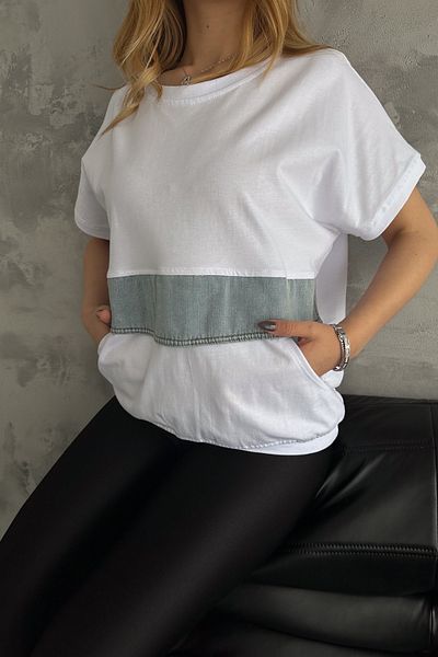FEMELLE Women's Standard Size White Crew Neck Double Pocket Jeans Detailed Design Cotton T-Shirt