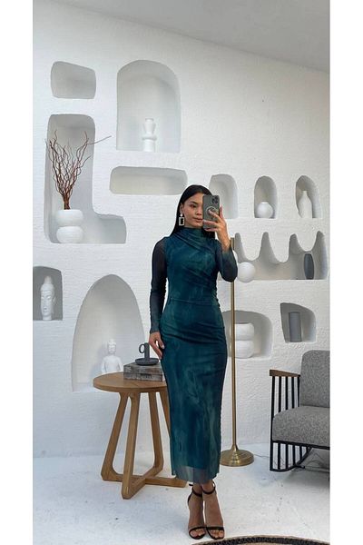 GİYSİ DÜNYASI tulle Fabric Stand Collar Lined Gathered Dress