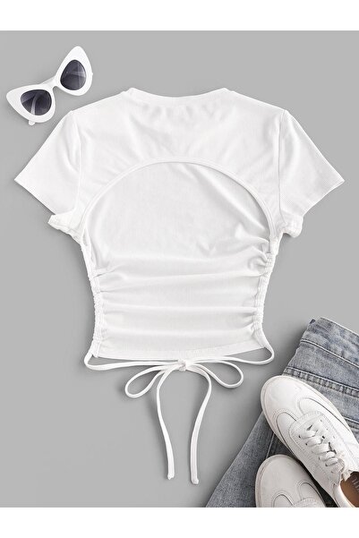 Teenystore Sırt Dekolteli Bağcıklı Kısa Kollu Bisiklet Yaka Crop Top Body