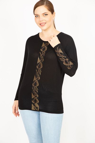 Şans Women's Black Plus Size Stone Detailed Long Sleeve Blouse 65n35904