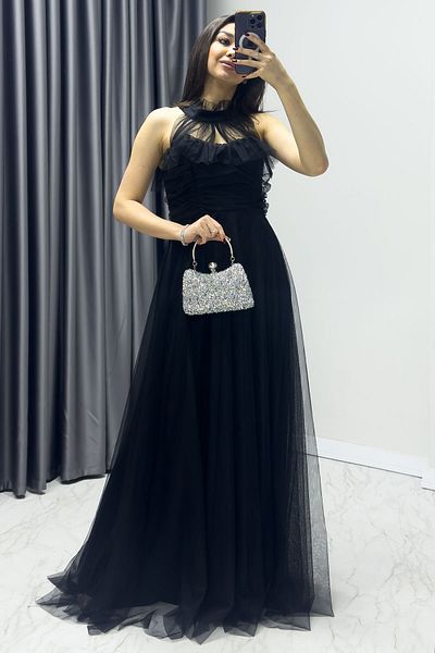 zks grup tekstil Women's Black Tulle Draped Zero Sleeve Plus Size Evening Dress