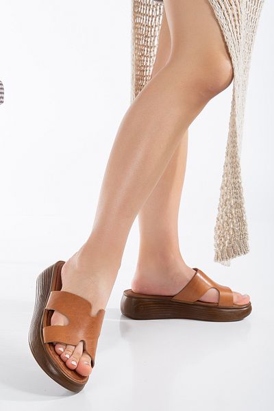 SANDALİ WOMEN GENUINE LEATHER TAN VAKETA SHOES SLIPPERS