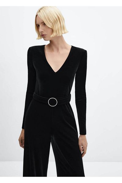 MANGO Woman Velvet jumpsuit with belt
