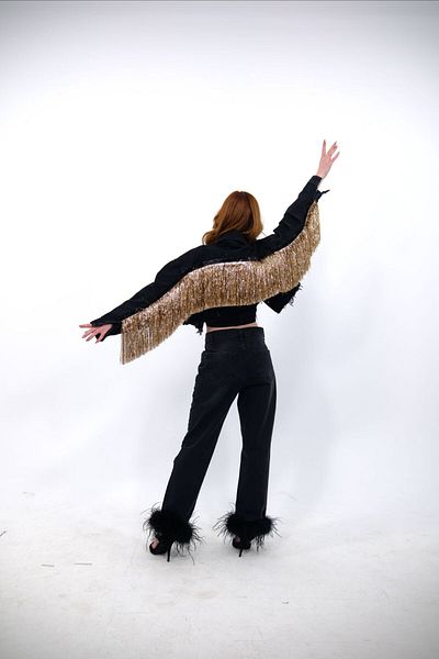 Ceylin Ceylan Χρυσή φούντα Glitter με κρόσσια Oversize Crop τζιν μπουφάν