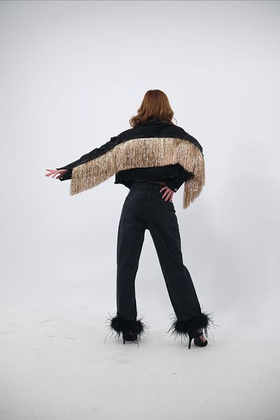 Ceylin Ceylan Χρυσή φούντα Glitter με κρόσσια Oversize Crop τζιν μπουφάν