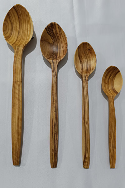Ahşap Vadisi Zeytin Ağacı El Yapımı Tahta Kaşık 25-27-29-32 cm 4 Boy Ahşap Kaşık Zeytin 4 Adet