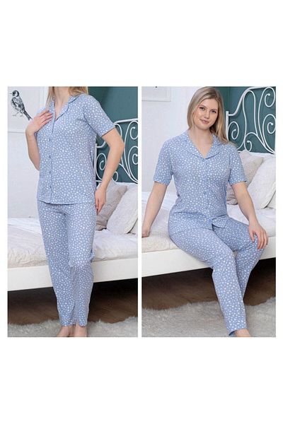 secret night Set de pijamale din bumbac cu mânecă scurtă, cu nasturi în față, cu model de picături de cristal albastru