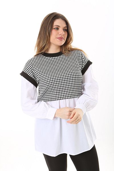 Şans Women's Large Size White Houndstooth and Poplin Combination Tunic 65N37577