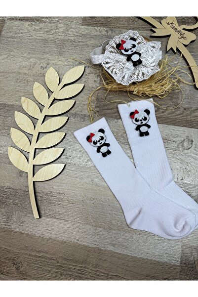 Feriatolye Panda figured white lace headband and panda concept white knee socks