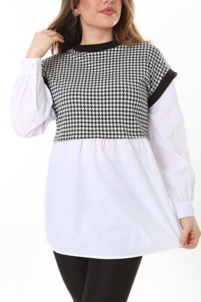 Şans Tunica pentru femei de marime mare, albă, combinată cu picior de găin și popelin 65N37577