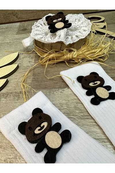 Feriatolye Teddy Bear Figured Baby Girl White Lace Hair Band and Teddy Bear Concept Knee-high White Baby Socks