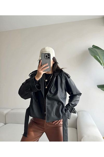 Ekim Store Double-breasted Casual Leather Jacket with Belt