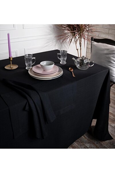 Zeren Home Black Linen Look Carefree Tablecloth + 6 Napkins
